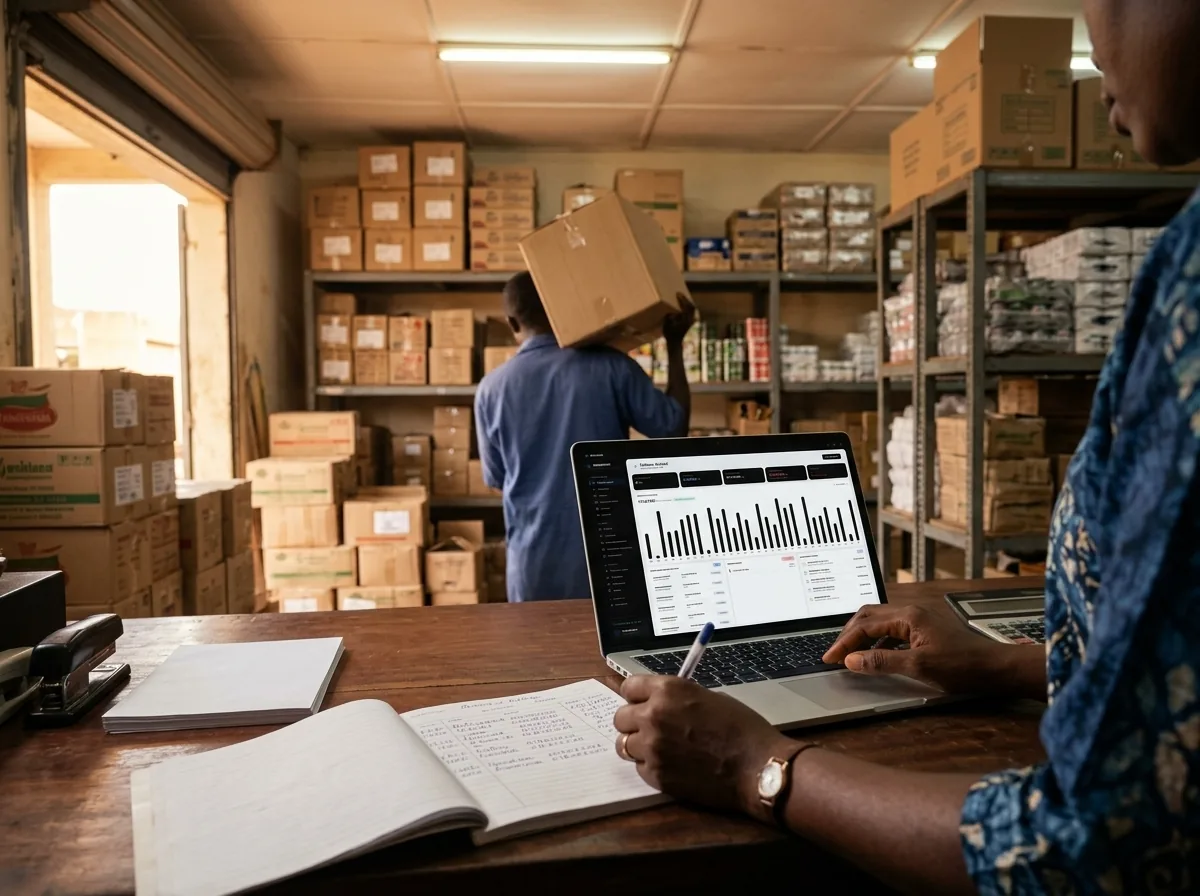 Dans une réserve, une gérante recoupe son carnet de comptes manuscrit avec le tableau de bord Sentibox ouvert sur son ordinateur portable ; derrière elle, un employé range des cartons.
